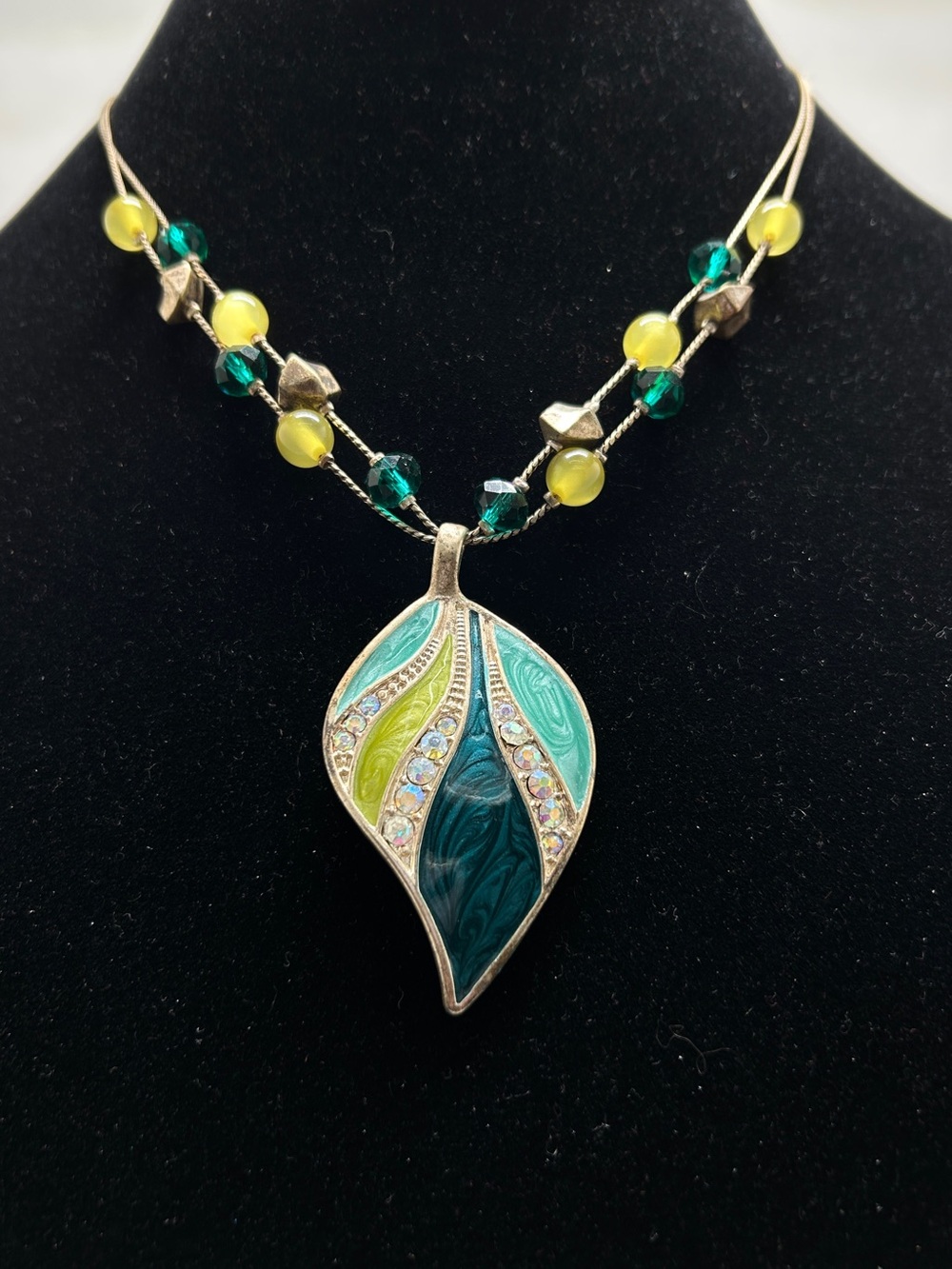 Kenneth Cold, Enamel And Crystal Leaf Necklace With Matching Leaf Earrings, Wire